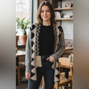 Softn Grey and Multi Aztec Trim Open Front Cardigan Size S